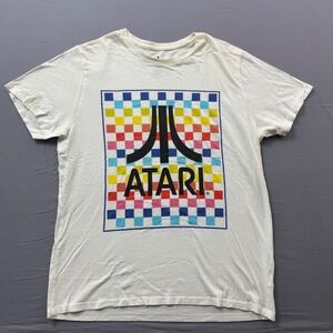 Atari Graphic T-Shirt Mens Large White Checkerboard Logo Retro Gaming Difuzed